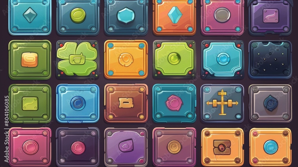 Poster ui windows for game menus, cartoon animation, settings, adventure plates with ui buttons, progress b