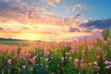 Wild Flower Sunset Panorama: Rural Scene with Pink Blossoms