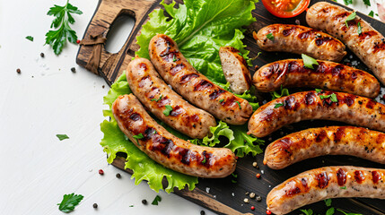 Board with tasty thin sausages and lettuce on white background