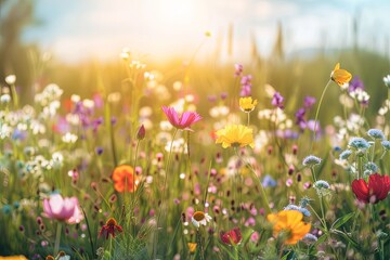 Fototapeta premium Wildflowers in Sunlight: Solitude Blossoms of Nature's Peaceful Meadow