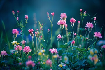 Twilight Tranquility: Solitude of Vibrant Pink Wildflowers in Nature's Peaceful Meadow Scene
