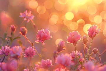Tranquil Sunset: Wild Flower Meadow Bliss with Soft Bokeh