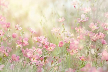 Wildflower Symphony: Delicate Pink Blossoms in Soft Pastel Meadow Light