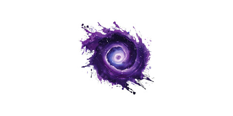 ,
White background, purple galaxy, vector illustration, purple color splashes around the center of the spiral galaxy, white space in between