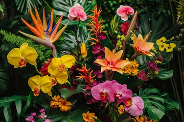Vivid display of tropical flowers and lush foliage, featuring a rich palette of red, yellow, and pink