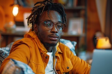 Fototapeta premium An African American man with dreadlocks concentrates while using his laptop in a cozy, book-filled room