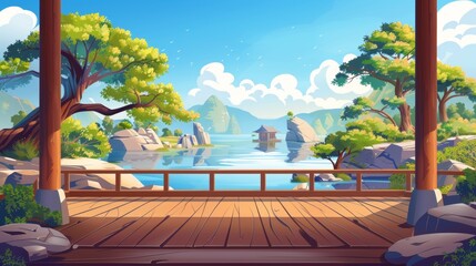 Terrace with wooden floor and porch at savanna landscape with rocks, trees, and lake in oasis. Cartoon illustration of resort area for relaxation.