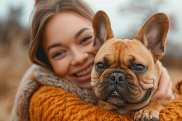 A close-up shot capturing the tender moment between a pet French Bulldog and its owner, showcasing emotions and affection
