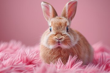Fototapeta premium This adorable rabbit sits amidst pink feathers, offering a soft, cute, and whimsical scene