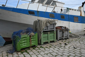 trawler detail of boxes and nets for fish