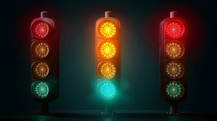 Street semaphore, electric tool design elements, isolated Realistic 3D modern illustration with traffic lights, green, yellow, and red stoplight signals on a road. - obrazy, fototapety, plakaty