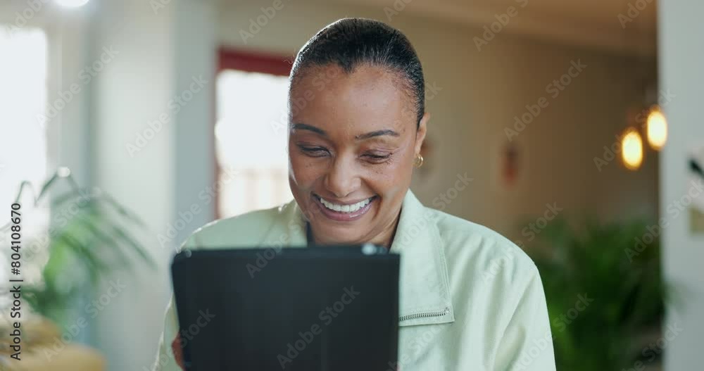 Poster Home, scroll and woman with tablet to game, text message and networking with contact. House, technology and connection with female person for social media, browsing and bingo online with smile