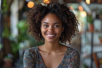 Radiant young woman with a bright smile wearing a floral top indoors with greenery