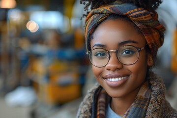 Portrait of a young woman with stylish eyewear and colorful headscarf, exhibiting a friendly smile