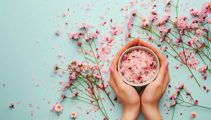 Female hands with jar of body scrub, cosmetic products, sea salt and gypsophila flowers on color background - obrazy, fototapety, plakaty