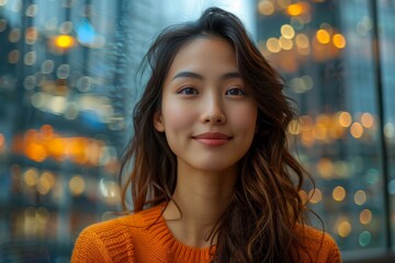 Striking portrait of a woman in vibrant attire with a blurred city lights background at twilight