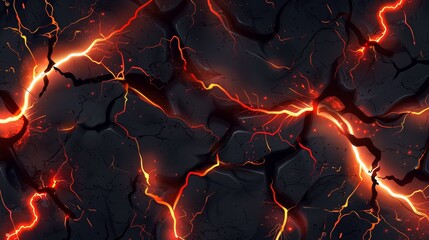 Lightning, electric impacts or cracks with magic light in land in top view isolated on black. Modern realistic set of lightning, electric impacts or cracks with magic light in land.