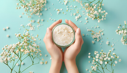 Female hands with jar of body scrub, cosmetic products, sea salt and gypsophila flowers on color background - obrazy, fototapety, plakaty