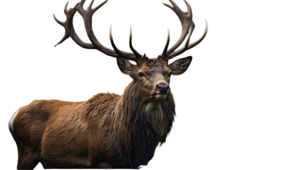 A detailed portrait of a majestic elk with large antlers, isolated on a transparent background, showcasing its strength and natural beauty.  