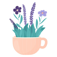 cute flowers in a mug. Vector illustration, hand drawing