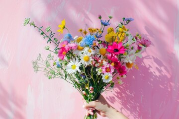 hand holding a lush bouquet of colorful flowers including roses, lilies, and daisies against a bright backdrop