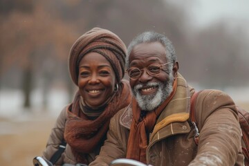 An elder man and woman share a joyful moment while riding a scooter, expressing happiness and togetherness