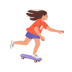 Cool girl rides fast on skateboard. Cute happy kid skates on board. Joyful teen kicks off to move, rushing with cruiser deck. Street sport. Flat isolated vector illustration on white background