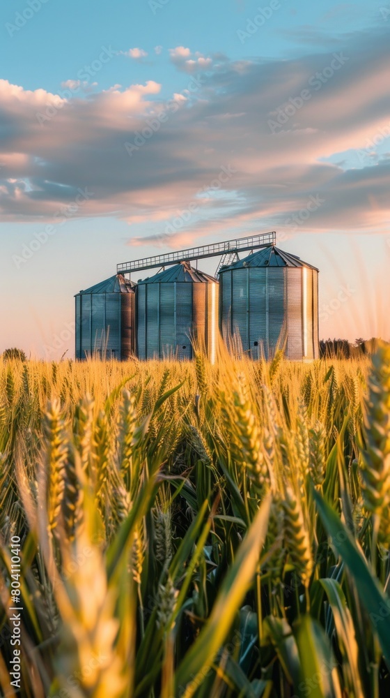 Poster a field of wheat with three silos in the background