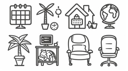 Icons for the office, freelance doodles. Cogwheels, palm trees, houses, coffee cups. Desk, calendar, computer, sleeping cat, potted plant. Line art modern elements.