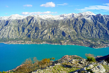 Bay of Kotor in Montenegro from Mount Vrmac: breathtaking views from the top of high snow-capped...