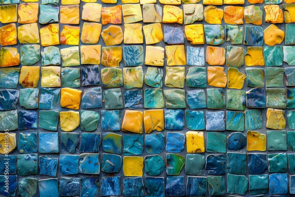 Poster close-up of a multicolored ceramic tile wall with a rich texture creating an abstract artistic patte