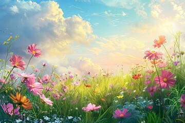 Fototapeta premium Wild Springtime Meadow: Tranquil Beauty in Pastel Blooms