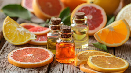 Bottles of essential oil and citrus slices on table