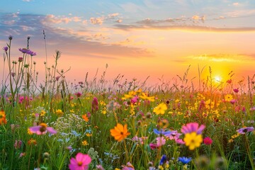 Wildflower Sunset Serenity: Vibrant Meadow Colors in Nature Scene © Michael