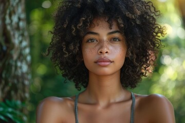 A youthful female with lush curly hair and a gentle expression stands in a verdant setting