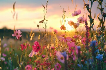 Serenity at Sunset: Pink Wildflowers in a Tranquil Nature Scene