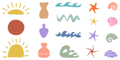 Retro Groovy Surf Club in trendy Boho style. Naive Geometric Summer Palm Tree. Simple background of sun sea. Retro Summer Beach Hand Drawn isolated illustration. Vintage Surf Club. Vector illustration