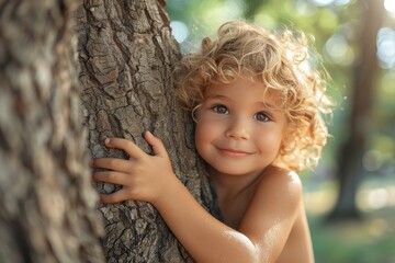 A young child with curly golden hair embracing a tree bark, with a joyful expression in a natural outdoor setting