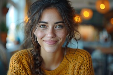Obraz premium Portrait of a young woman with freckled skin and a warm smile sitting in a well-lit café