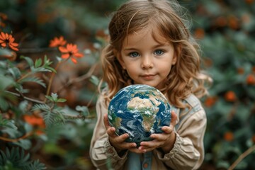 Naklejka premium Child holding a small model of Earth with a serious expression, surrounded by orange flowers