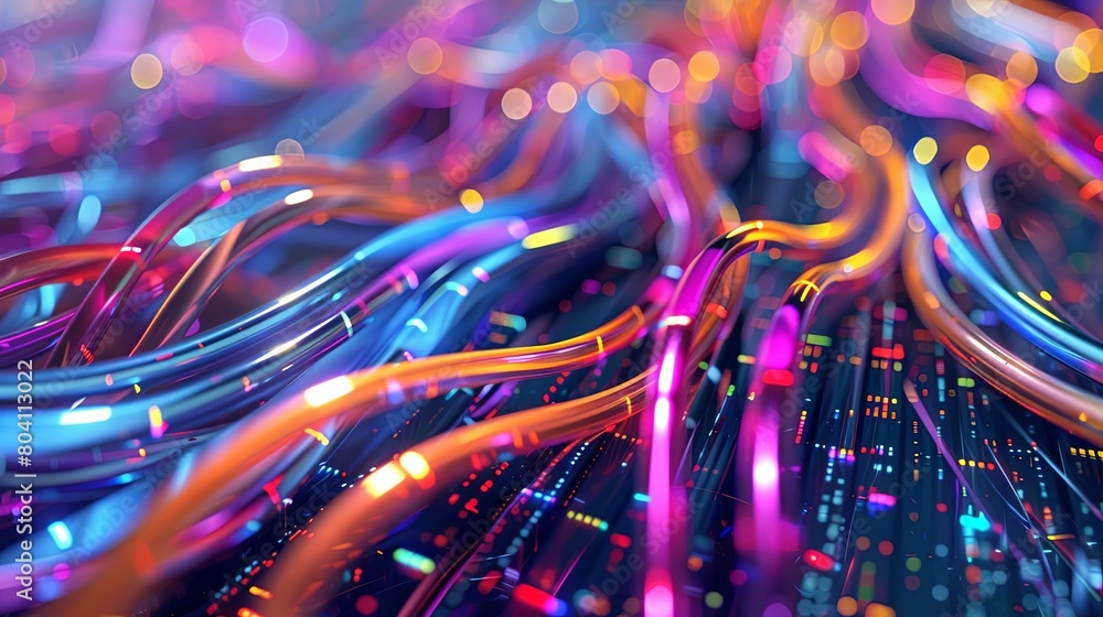 Poster abstract composition of data cables with vibrant colors in the background