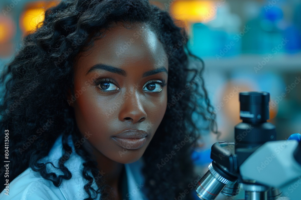 Poster focused scientist with an intense gaze working with a microscope in a dimly-lit research lab