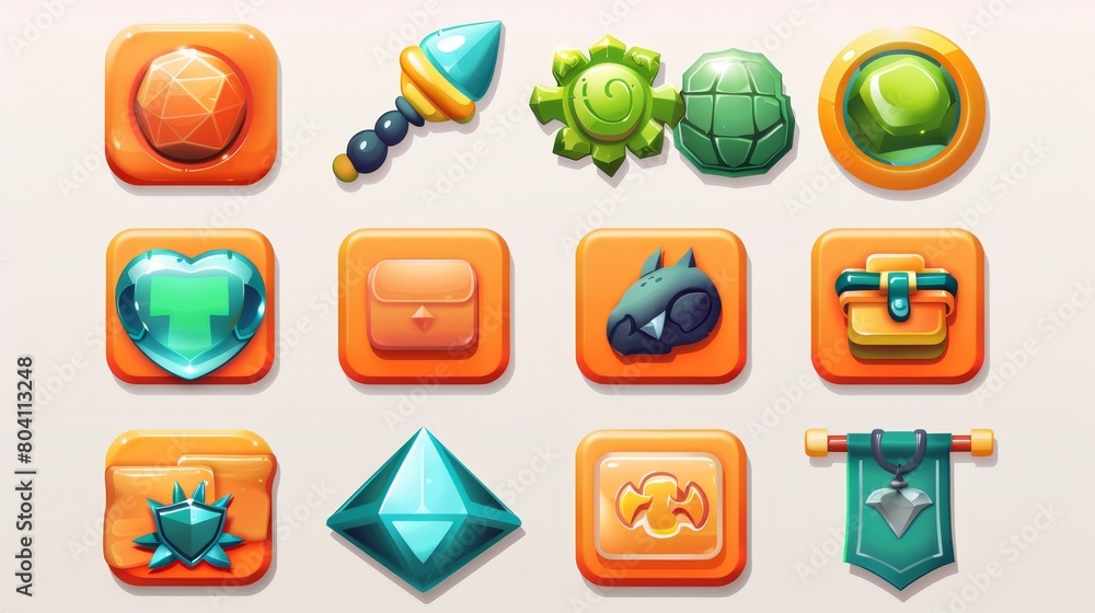 Aufkleber an icon set of shiny buttons for a game or app interface. orange, green, and blue shiny keys for pau