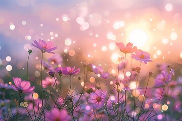 Pink Wildflowers Sunset: Nature's Idyllic Meadow Bokeh