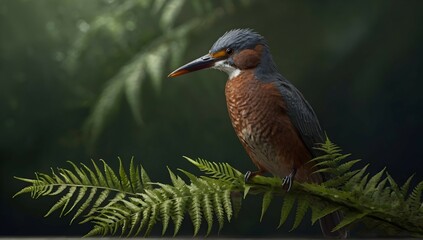 Fototapeta premium Belted fingfisher holding fern, elegant, luxury, clean, smooth, elegant, beautiful, highly detailed, sharp focus, studio photography, xf iq 4, 1 5 0 mp, 5 0 mm, iso 2 0 0, 1 / 1 6 0 s, realistic, natu