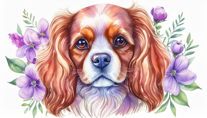Watercolor illustration of pure breed Cavalier King Charles Spaniel dog. Painting of domestic animal