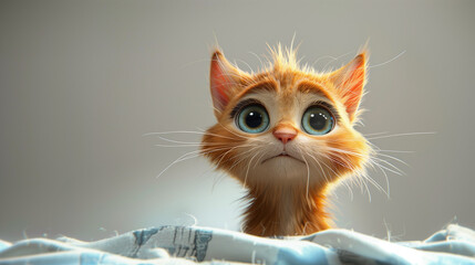 A charming orange kitten looking up with big, expressive eyes. Copy space.