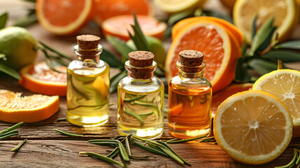 Bottles with citrus essential oil on wooden table