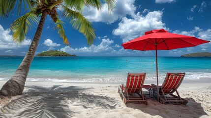Deckchairs and umbrella on the beach with copy space, vintage travel postcard style.