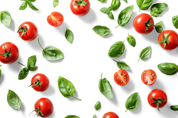 Top view of fresh tomatoes and basil leaves isolated on white or transparent background